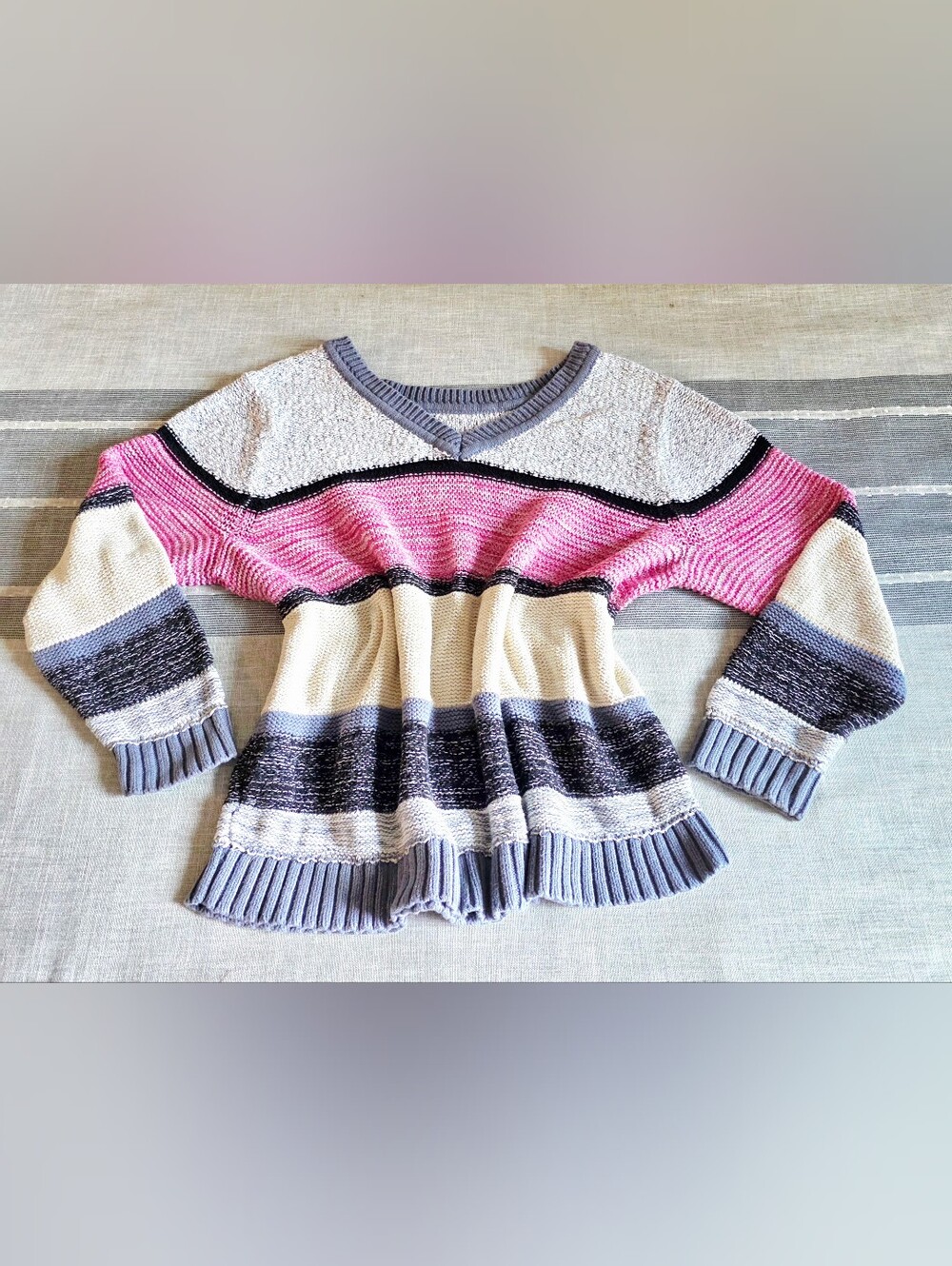 Caslon Multi-Color Textured Knit Striped V-Back Sweater Pink Cream Grey Size 3X